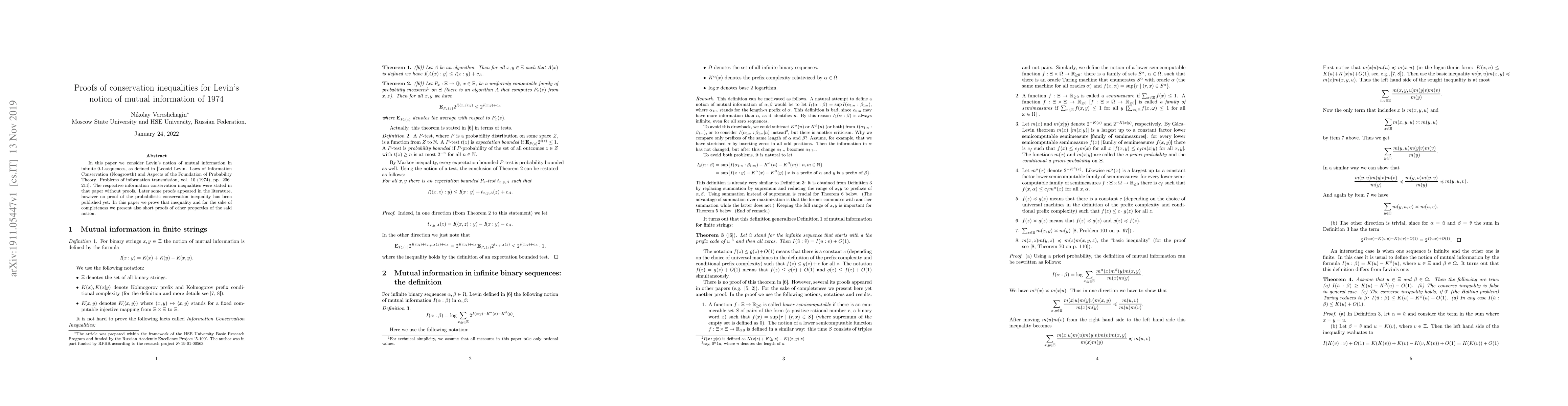 Thumbnail for Proofs of conservation inequalities for Levin's notion of mutual
  information of 1974