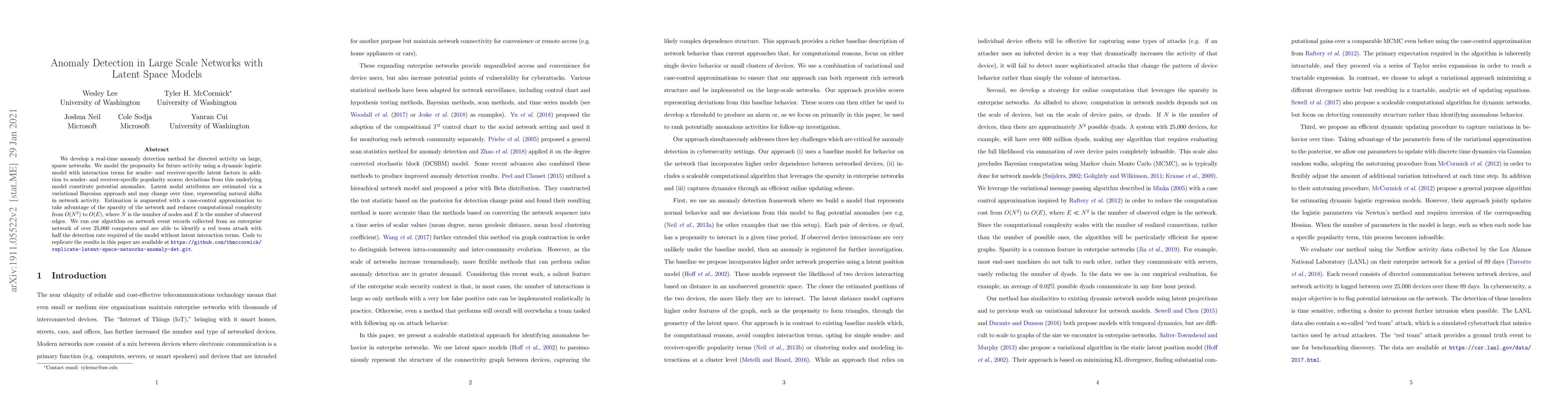 Thumbnail for Anomaly Detection in Large Scale Networks with Latent Space Models