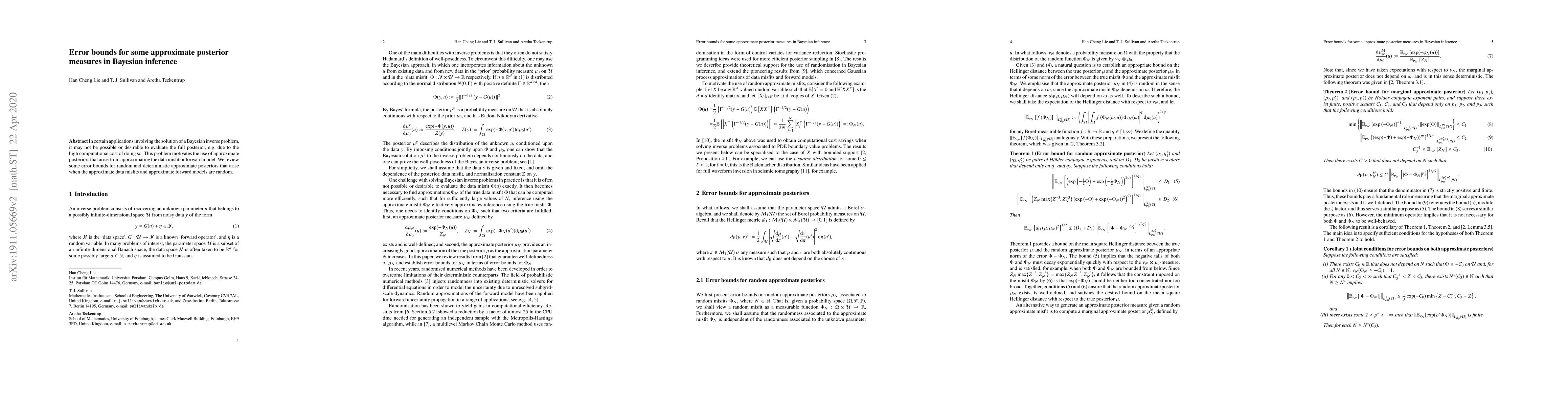 Thumbnail for Error bounds for some approximate posterior measures in Bayesian
  inference