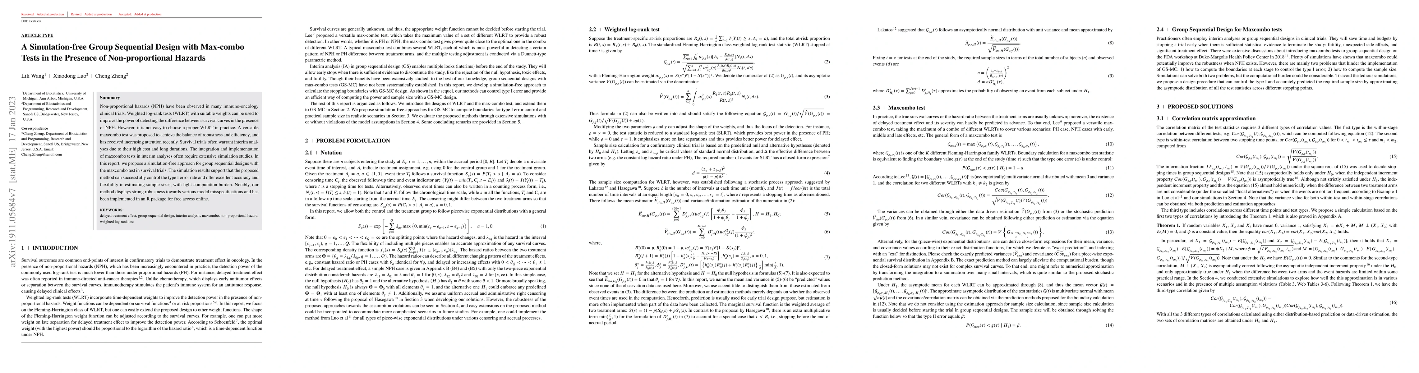Thumbnail for A Simulation-free Group Sequential Design with Max-combo Tests in the
  Presence of Non-proportional Hazards