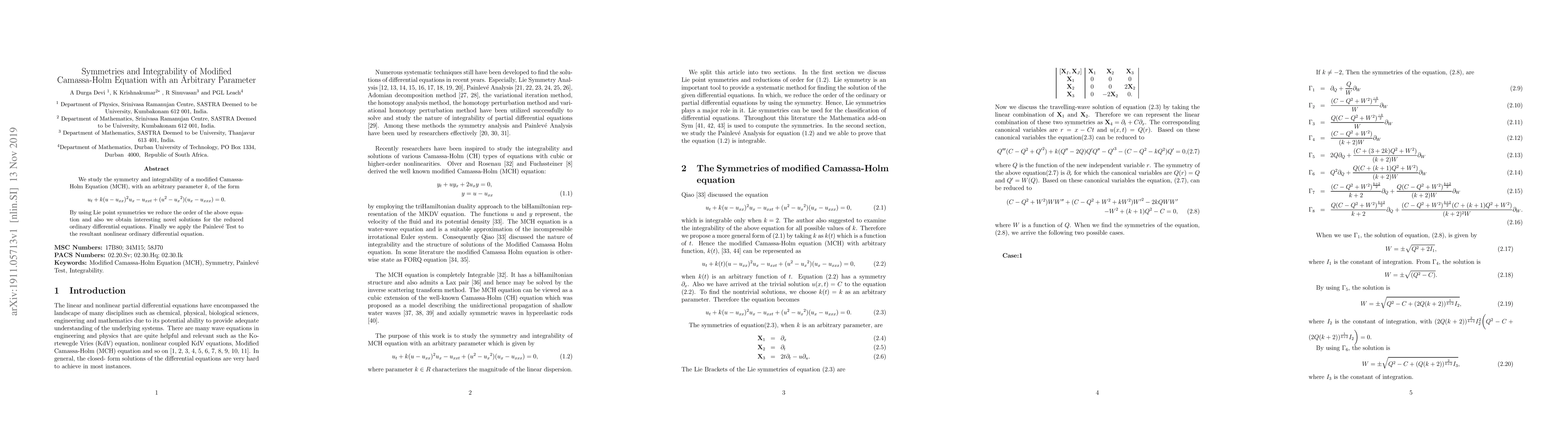 Thumbnail for Symmetries and Integrability of Modified Camassa-Holm Equation with an
  Arbitrary Parameter