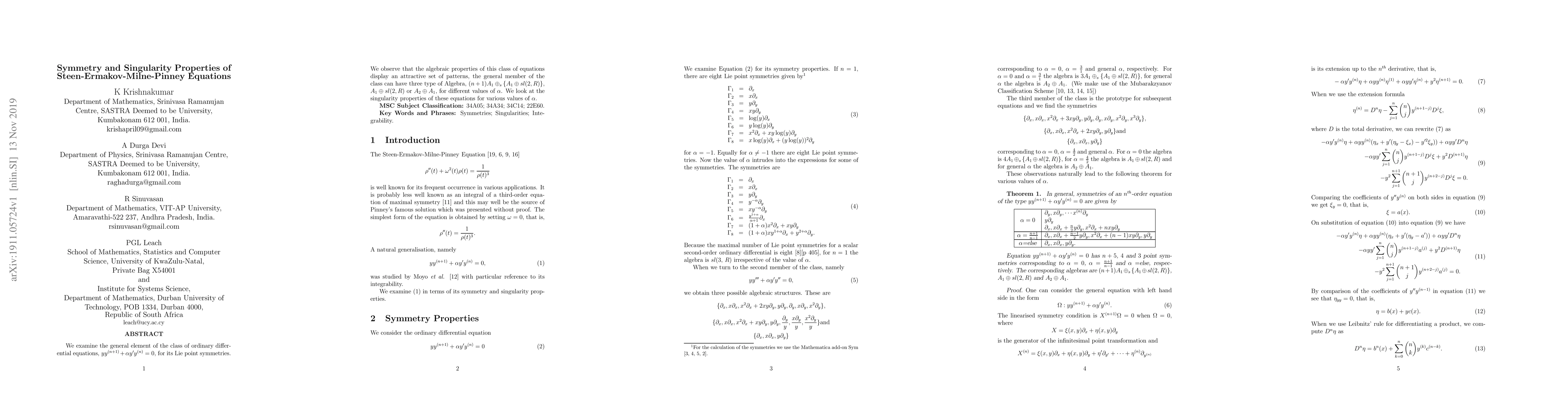 Thumbnail for Symmetry and Singularity Properties of Steen-Ermakov-Milne-Pinney
  Equations