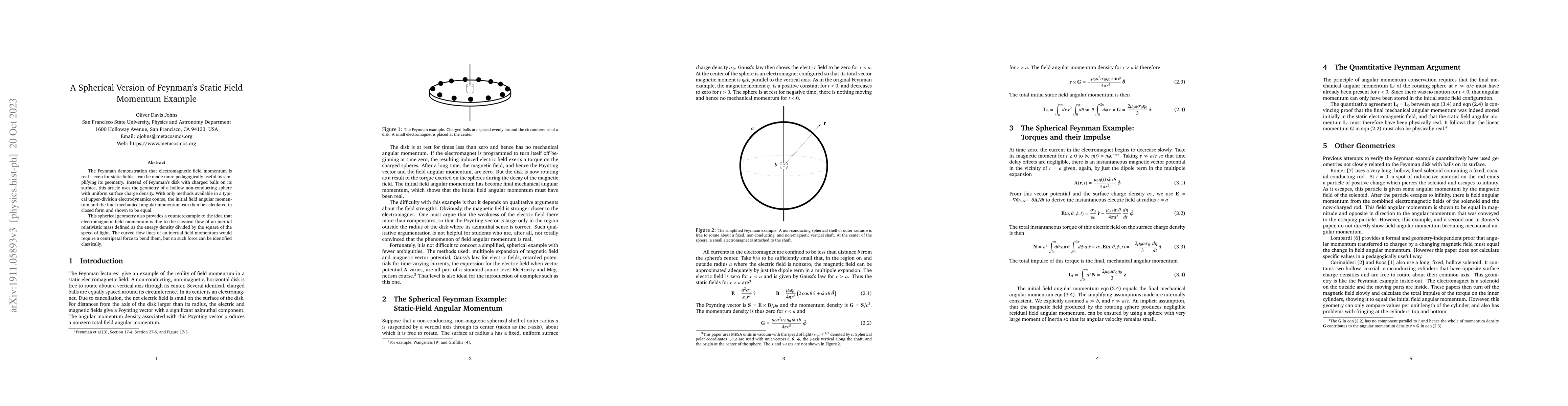 Thumbnail for A Spherical Version of Feynman's Static Field Momentum Example