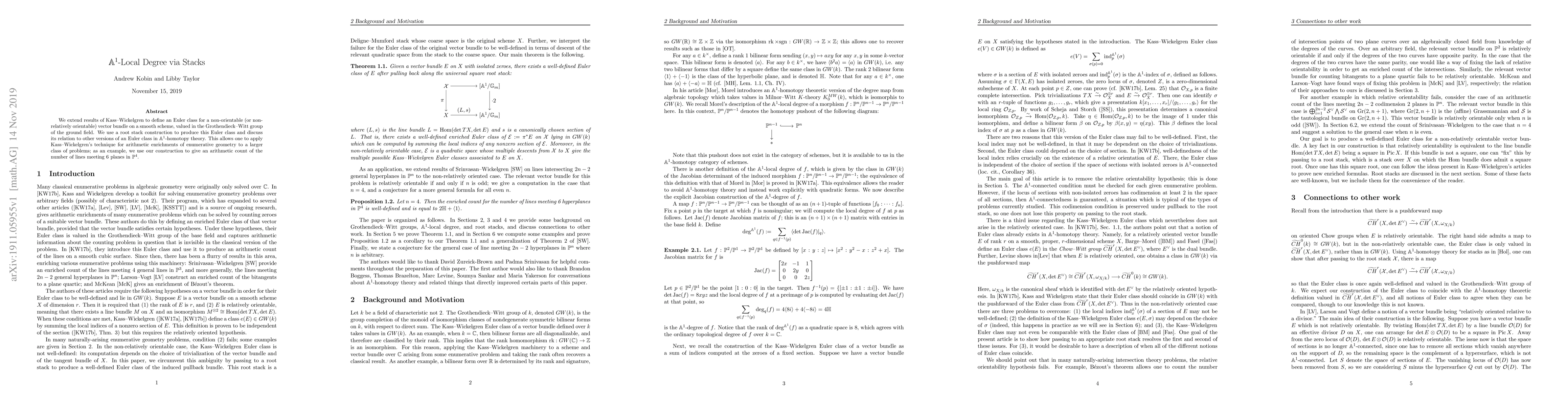 Thumbnail for $\mathbb{A}^{1}$-Local Degree via Stacks
