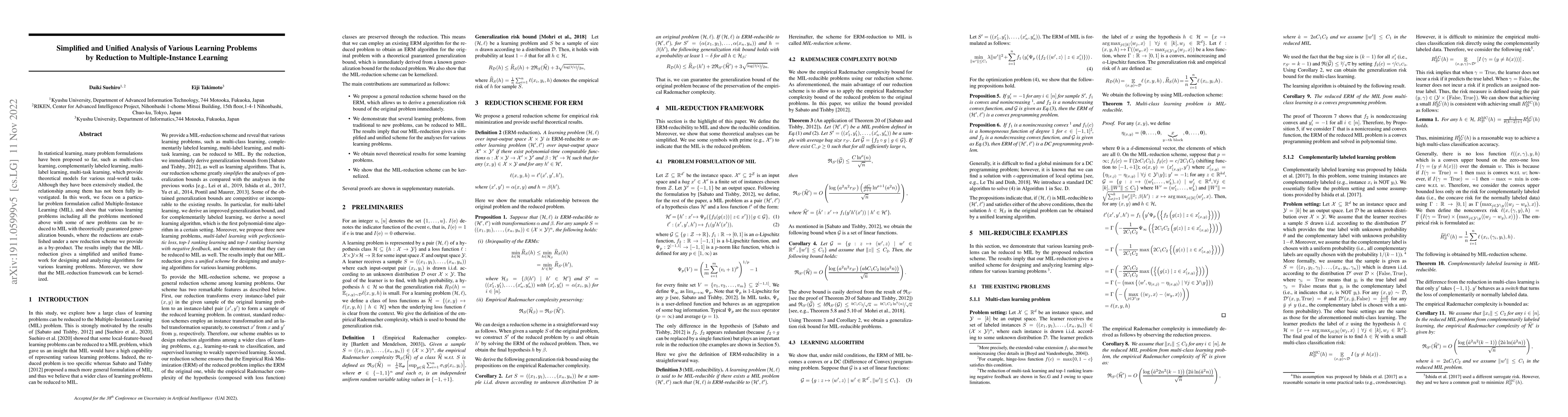 Thumbnail for Simplified and Unified Analysis of Various Learning Problems by
  Reduction to Multiple-Instance Learning