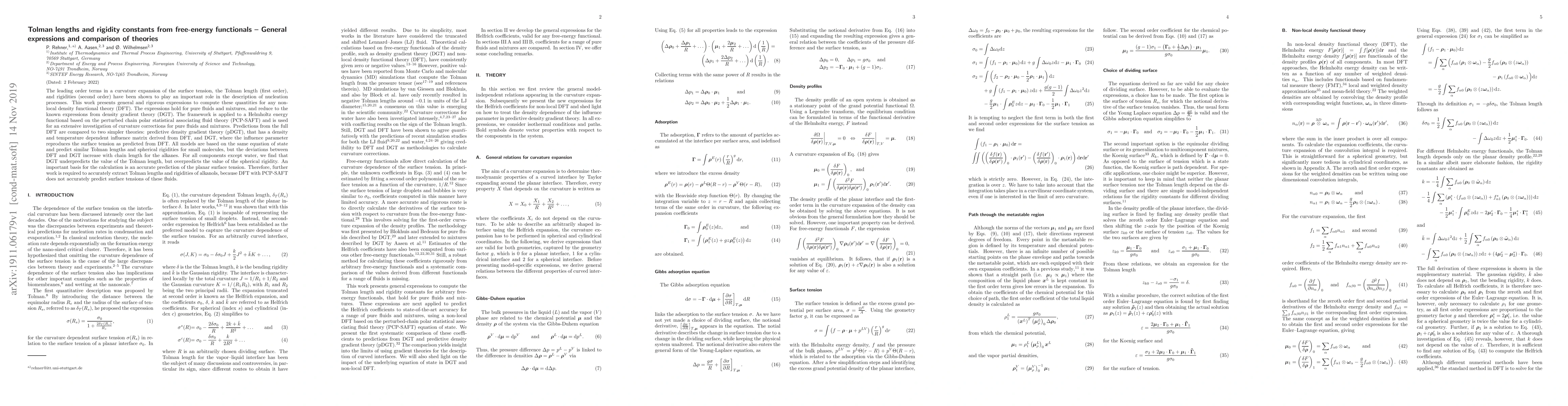 Thumbnail for Tolman lengths and rigidity constants from free-energy functionals --
  General expressions and comparison of theories