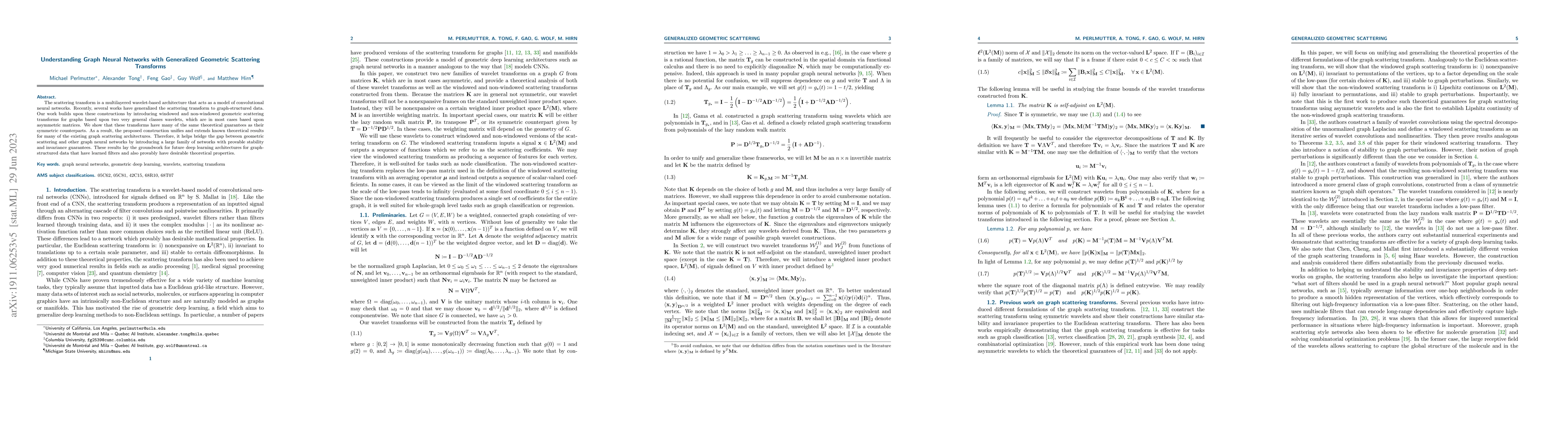 Thumbnail for Understanding Graph Neural Networks with Generalized Geometric
  Scattering Transforms