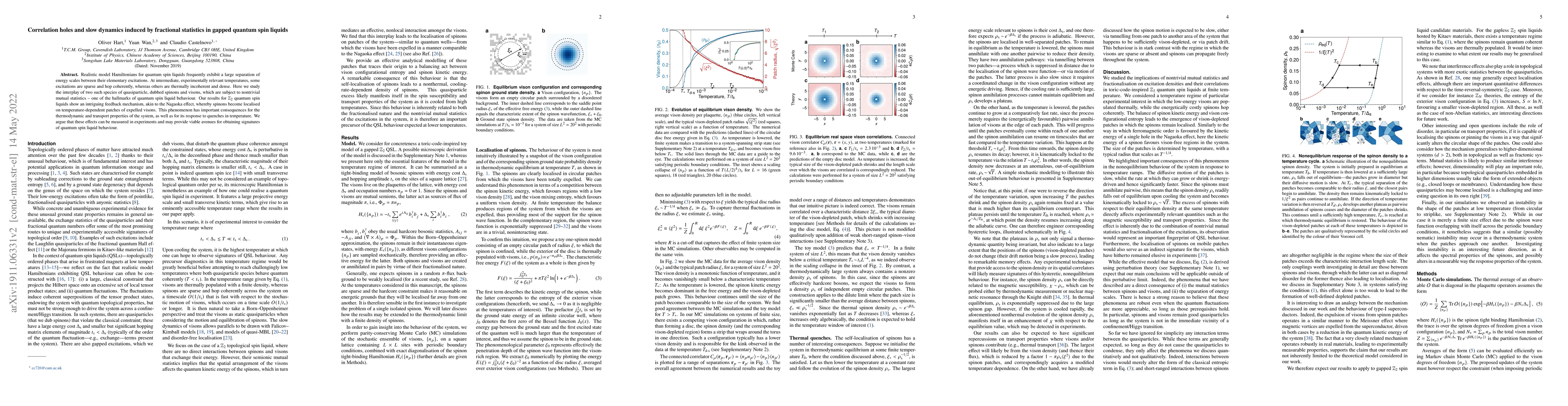 Thumbnail for Correlation holes and slow dynamics induced by fractional statistics in
  gapped quantum spin liquids