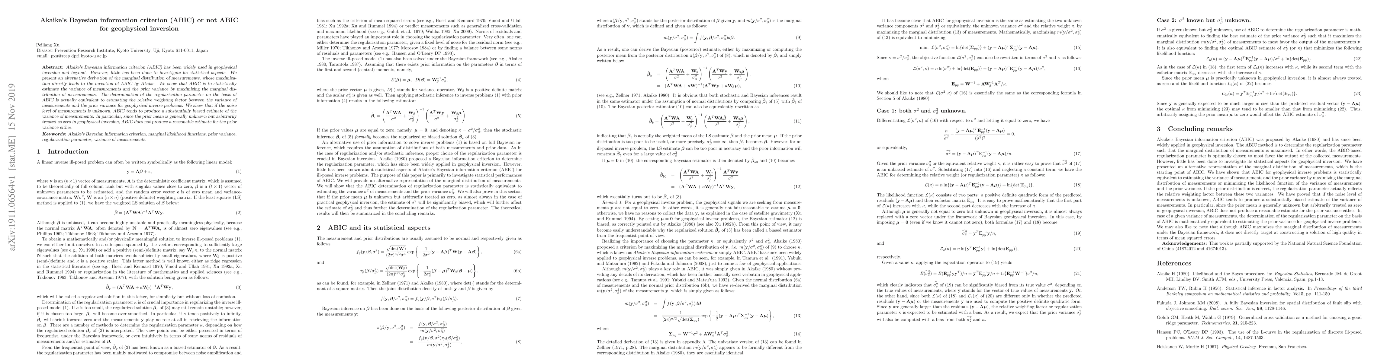 Thumbnail for Akaike's Bayesian information criterion (ABIC) or not ABIC for
  geophysical inversion