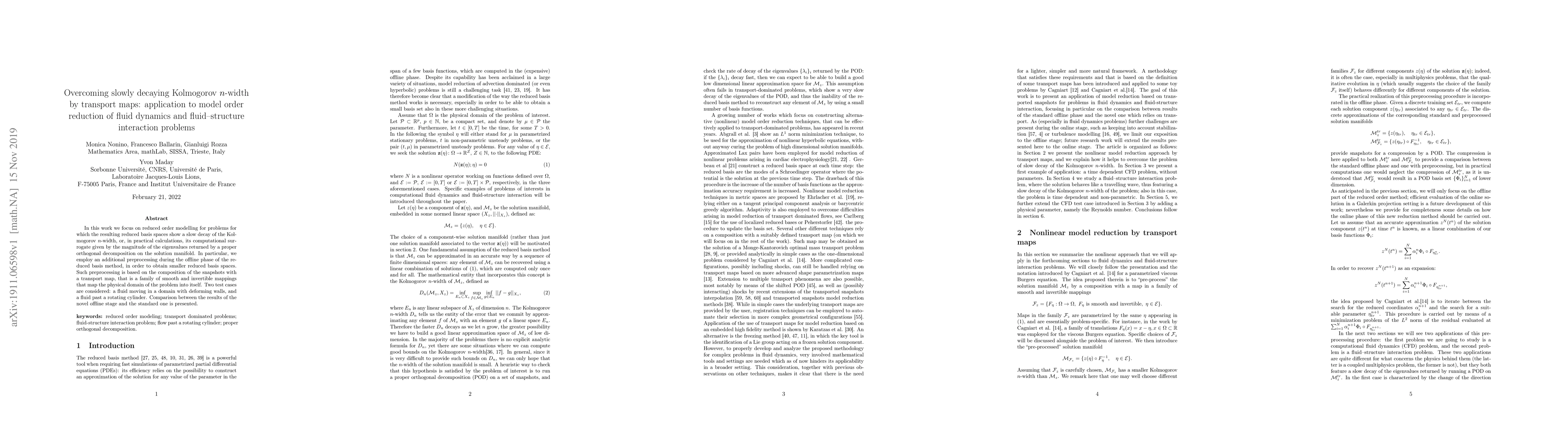 Thumbnail for Overcoming slowly decaying Kolmogorov n-width by transport maps:
  application to model order reduction of fluid dynamics and fluid--structure
  interaction problems