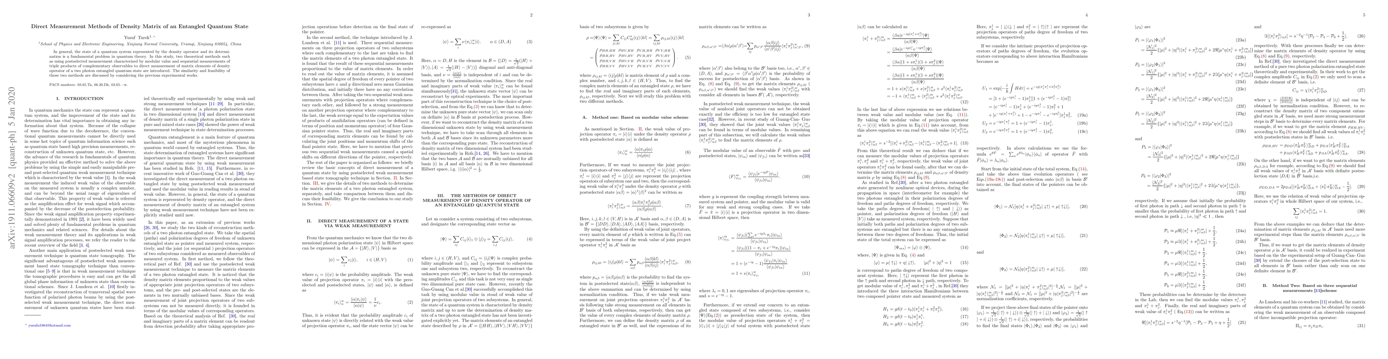 Thumbnail for Direct Measurement Methods of Density Matrix of an Entangled Quantum
  State