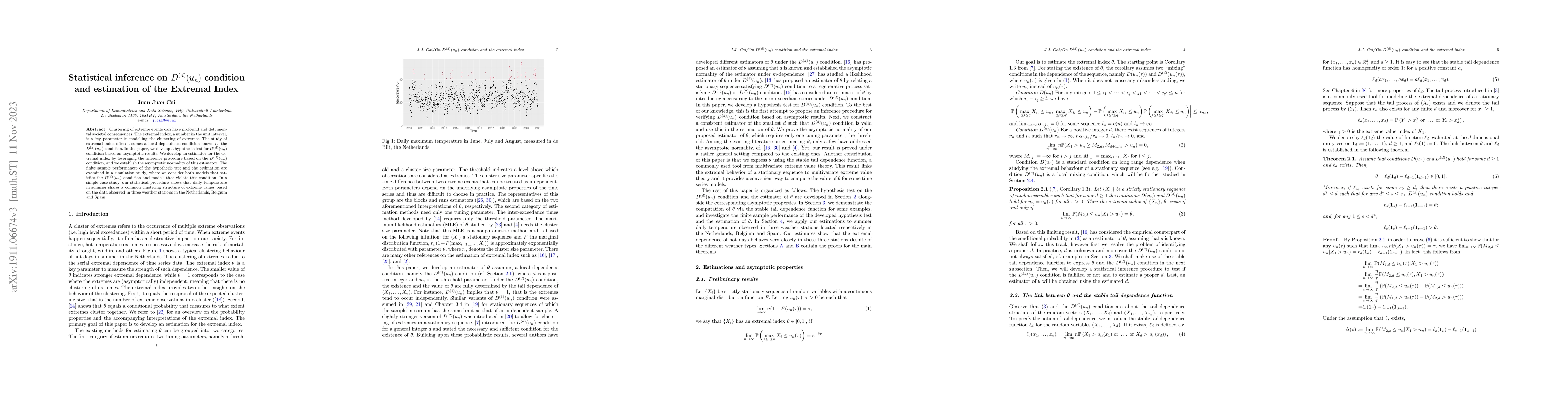 Thumbnail for Statistical inference on $D^{(d)}(u_n)$ condition and estimation of the
  Extremal Index