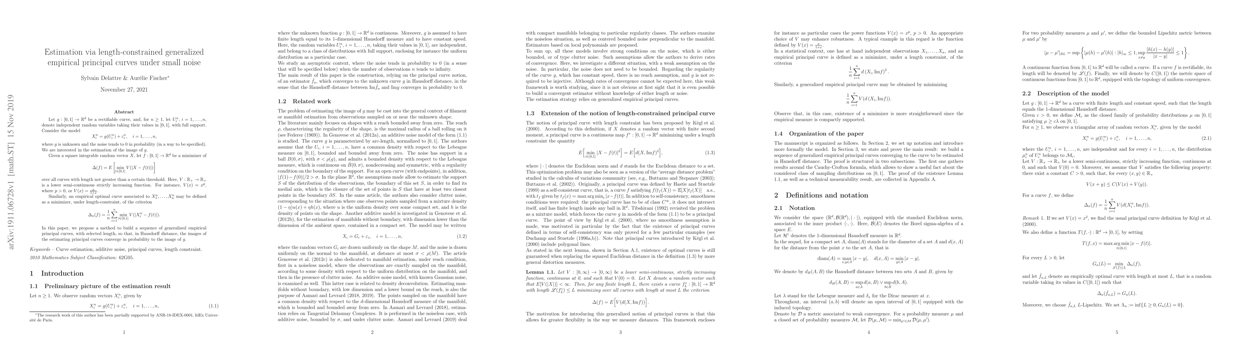 Thumbnail for Estimation via length-constrained generalized empirical principal curves
  under small noise