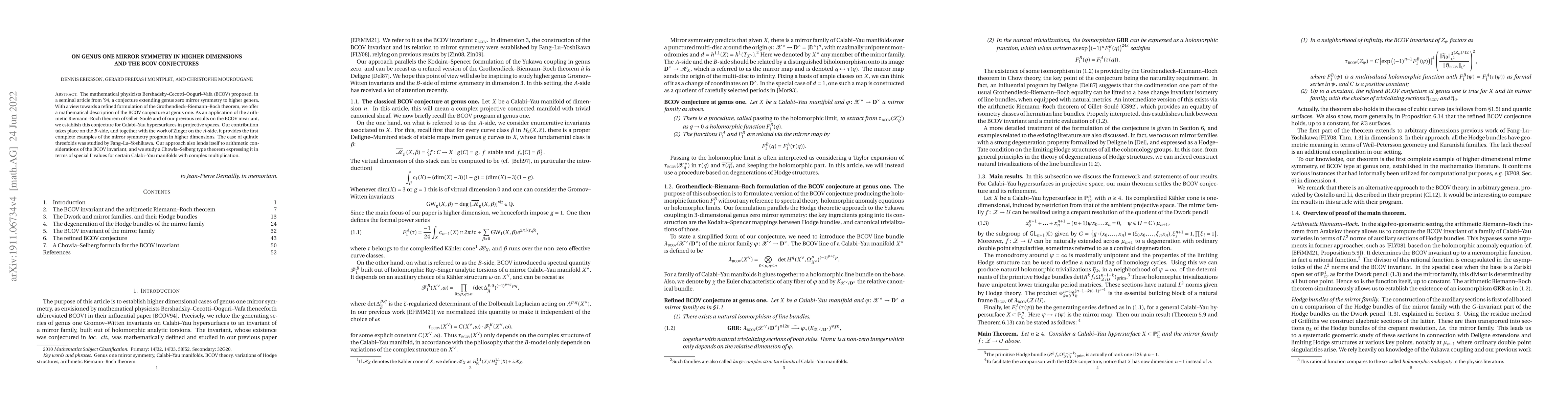 Thumbnail for On genus one mirror symmetry in higher dimensions and the BCOV
  conjectures