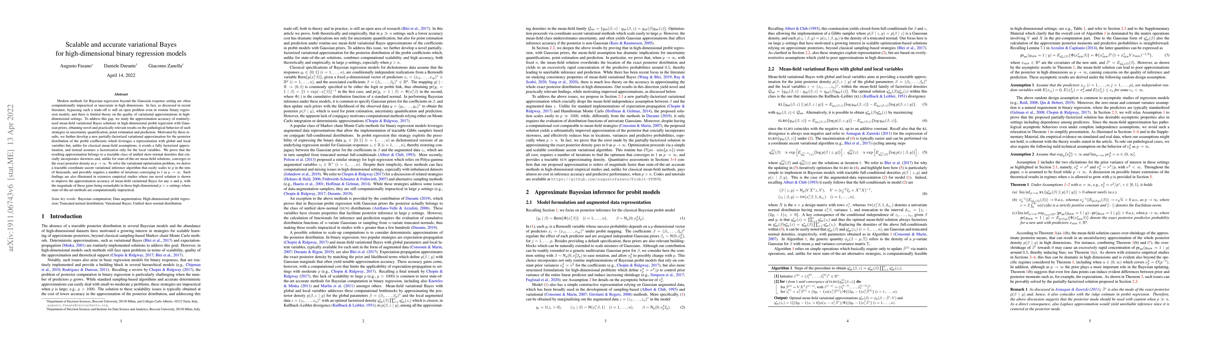 Thumbnail for Scalable and Accurate Variational Bayes for High-Dimensional Binary
  Regression Models