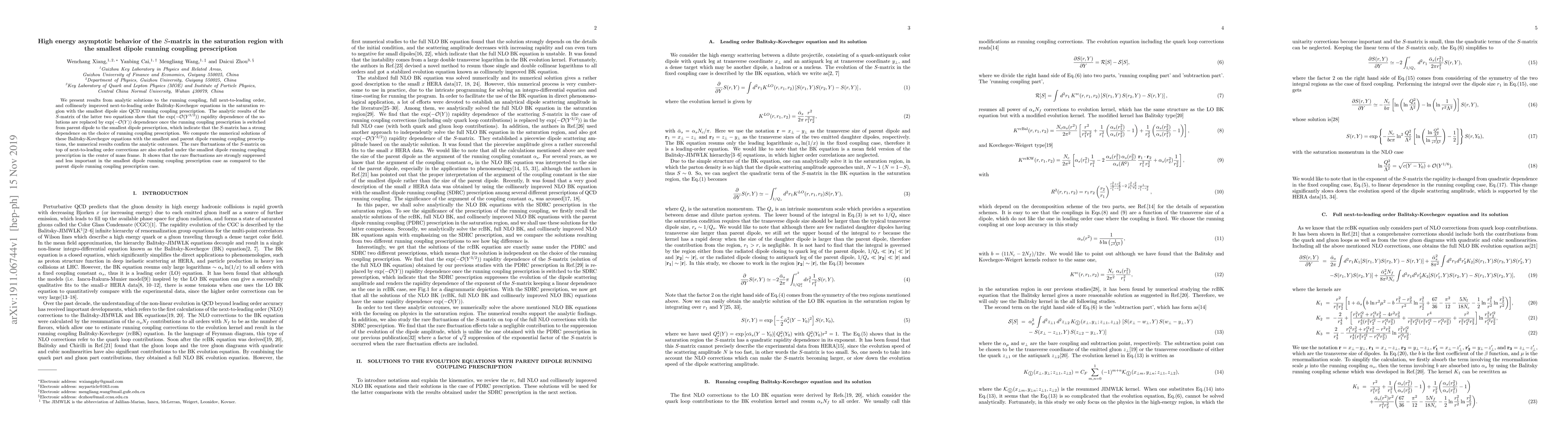Thumbnail for High energy asymptotic behavior of the $S$-matrix in the saturation
  region with the smallest dipole running coupling prescription