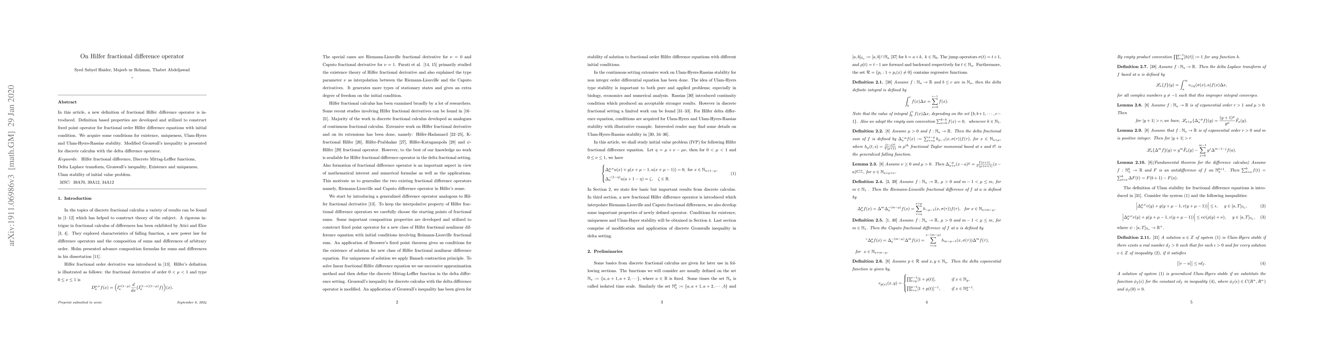 Thumbnail for On Hilfer fractional difference operator
