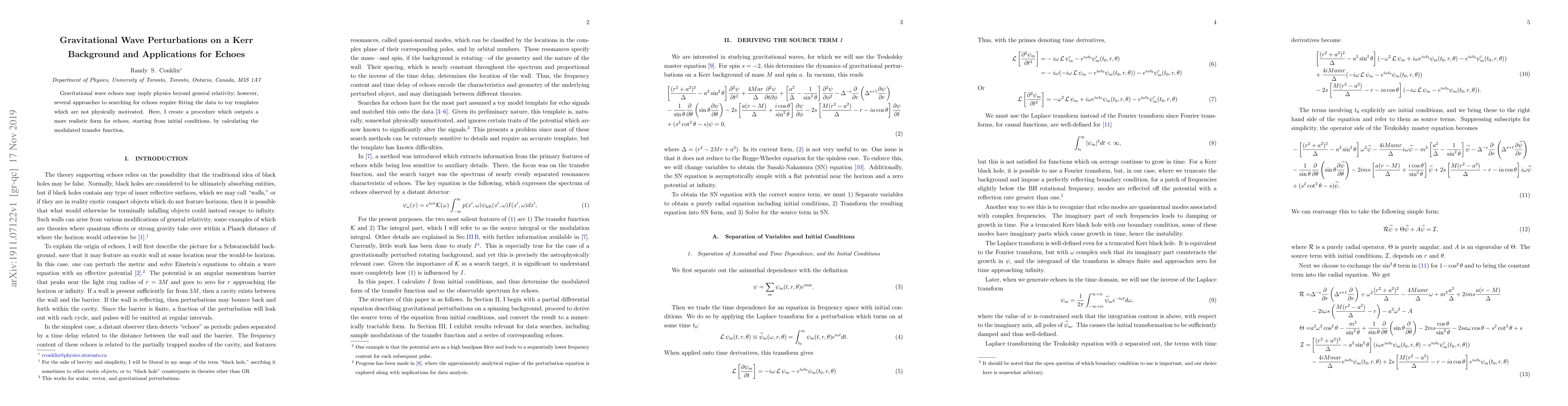 Thumbnail for Gravitational Wave Perturbations on a Kerr Background and Applications
  for Echoes