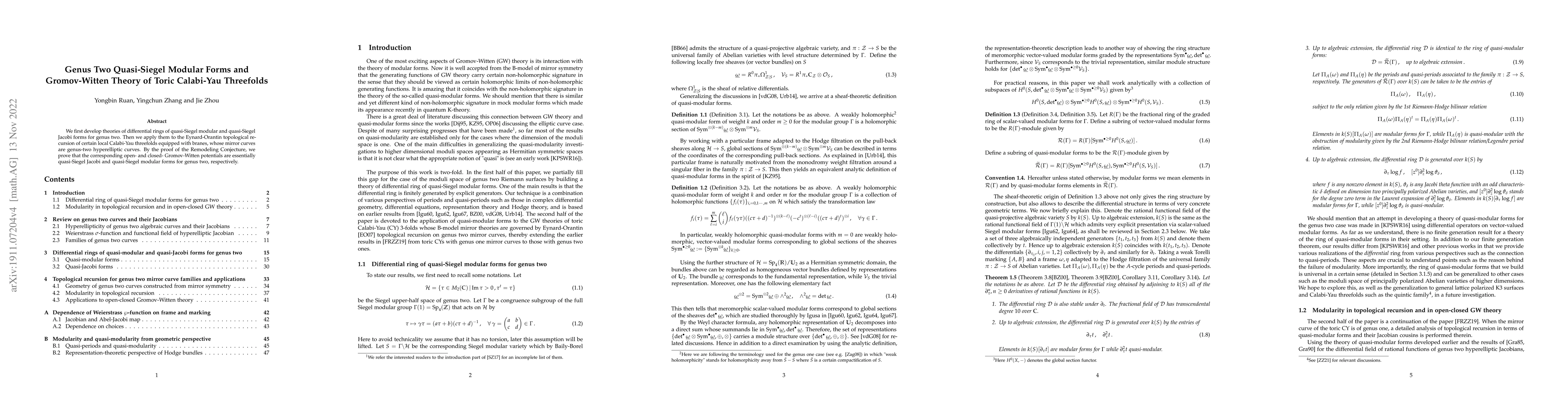 Thumbnail for Genus Two Quasi-Siegel Modular Forms and Gromov-Witten Theory of Toric
  Calabi-Yau Threefolds