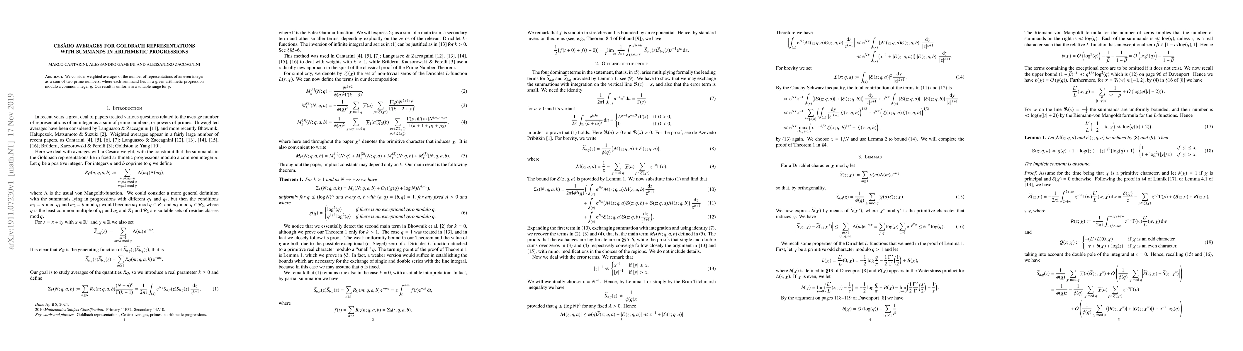 Thumbnail for Ces\`aro averages for Goldbach representations with summands in
  arithmetic progressions