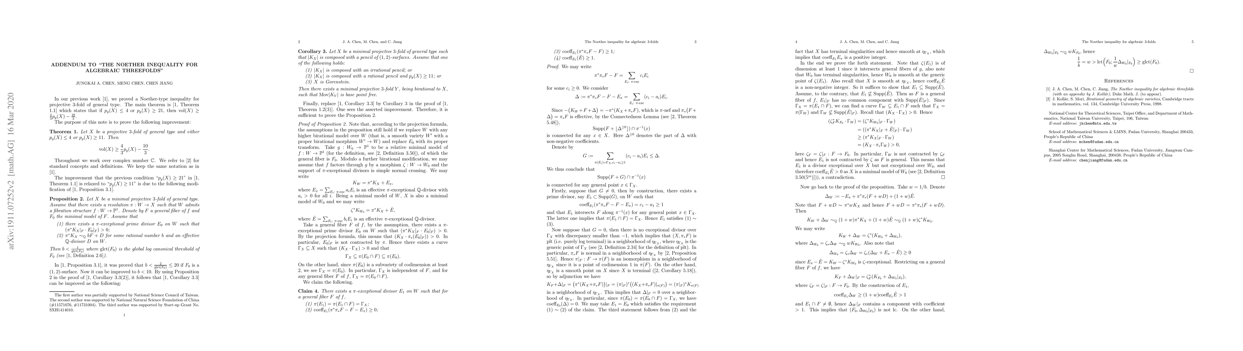 Thumbnail for Addendum to "The Noether inequality for algebraic threefolds"