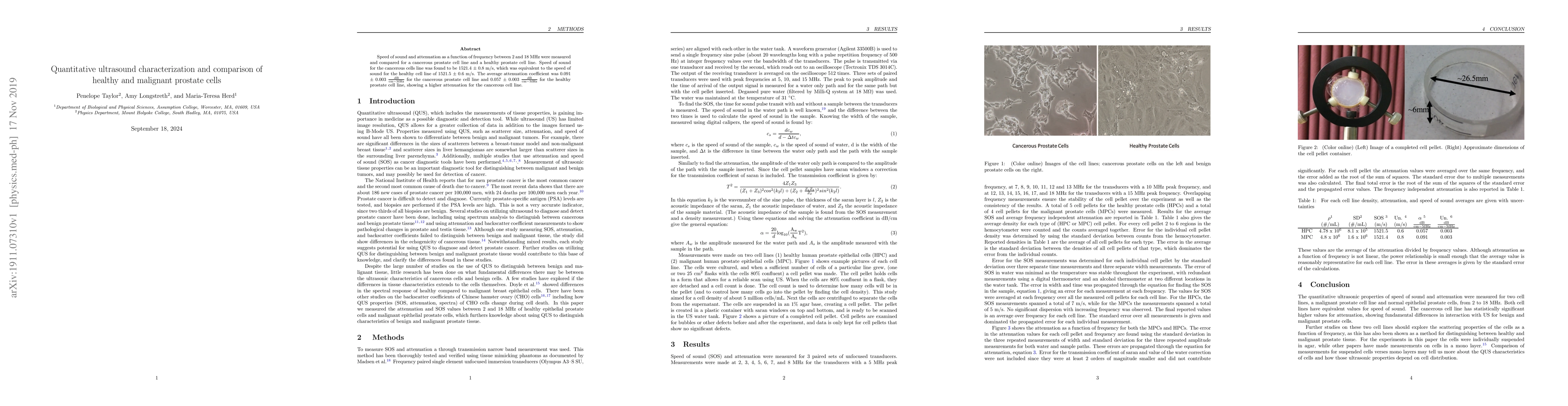 Thumbnail for Quantitative ultrasound characterization and comparison of healthy and
  malignant prostate cells
