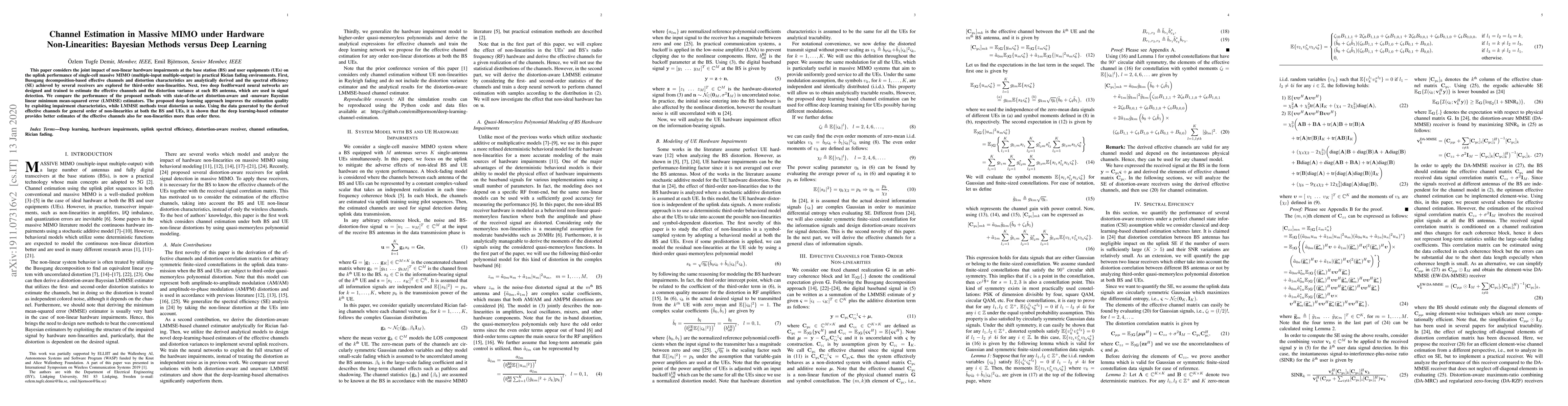 Thumbnail for Channel Estimation in Massive MIMO under Hardware Non-Linearities:
  Bayesian Methods versus Deep Learning