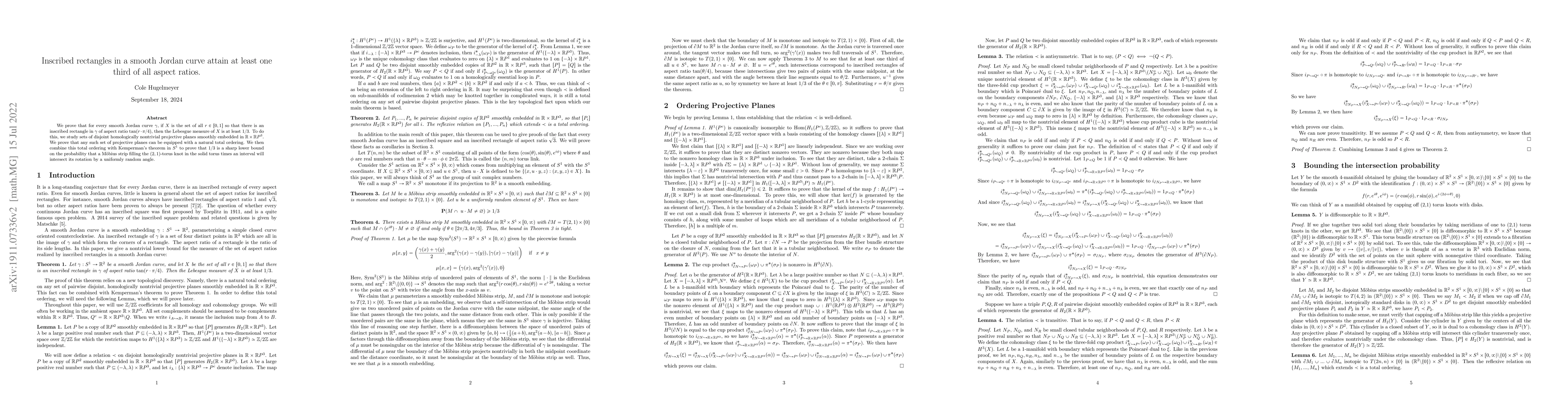 Thumbnail for Inscribed rectangles in a smooth Jordan curve attain at least one third
  of all aspect ratios