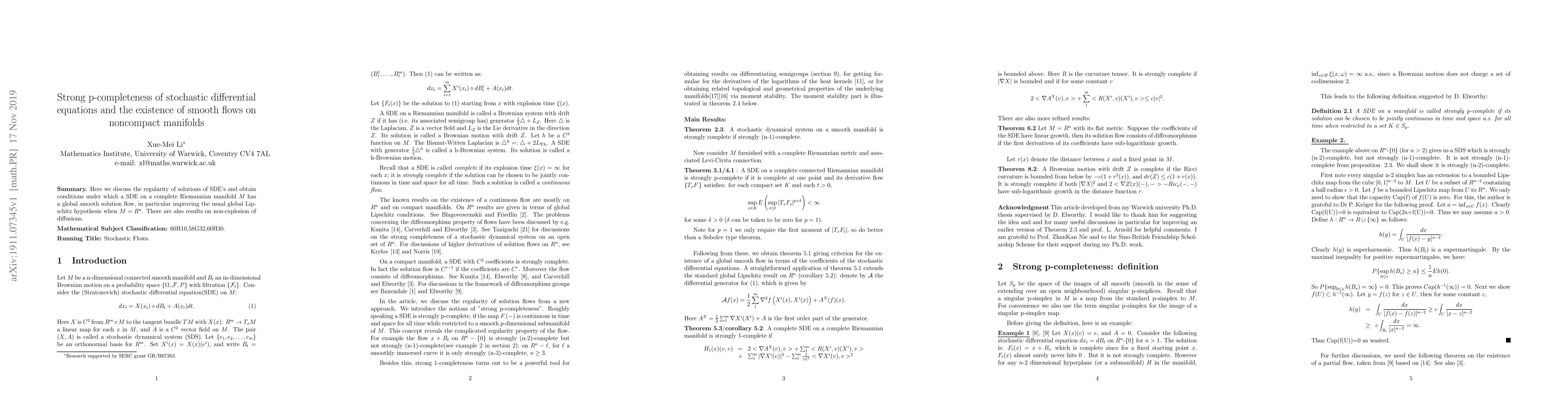 Thumbnail for Strong p-completeness of stochastic differential equations and the
  existence of smooth flows on noncompact manifolds