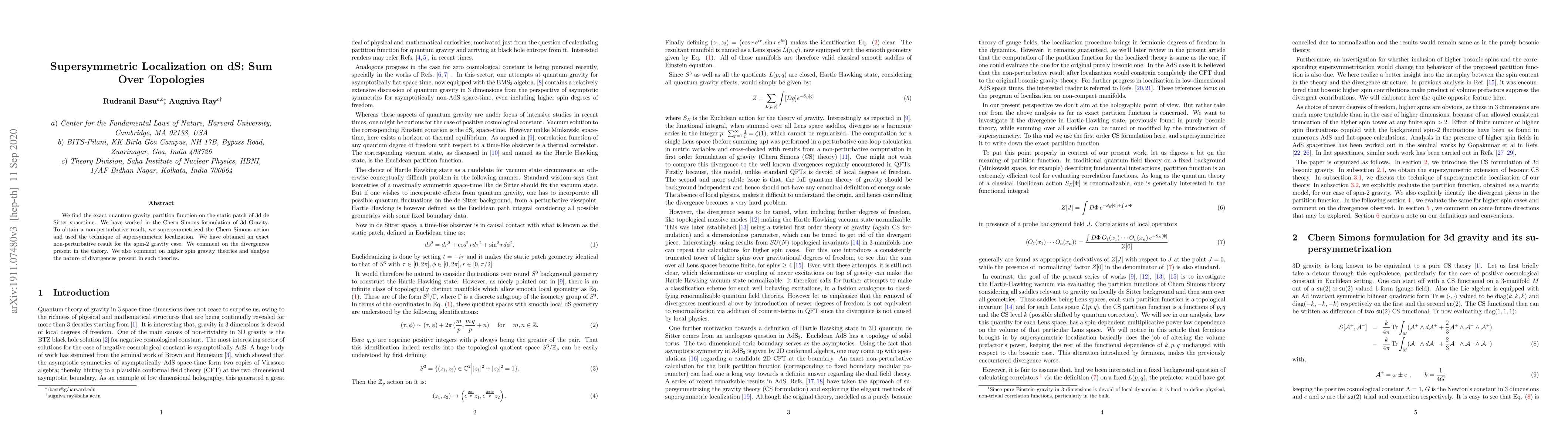 Thumbnail for Supersymmetric Localization on dS: Sum over topologies