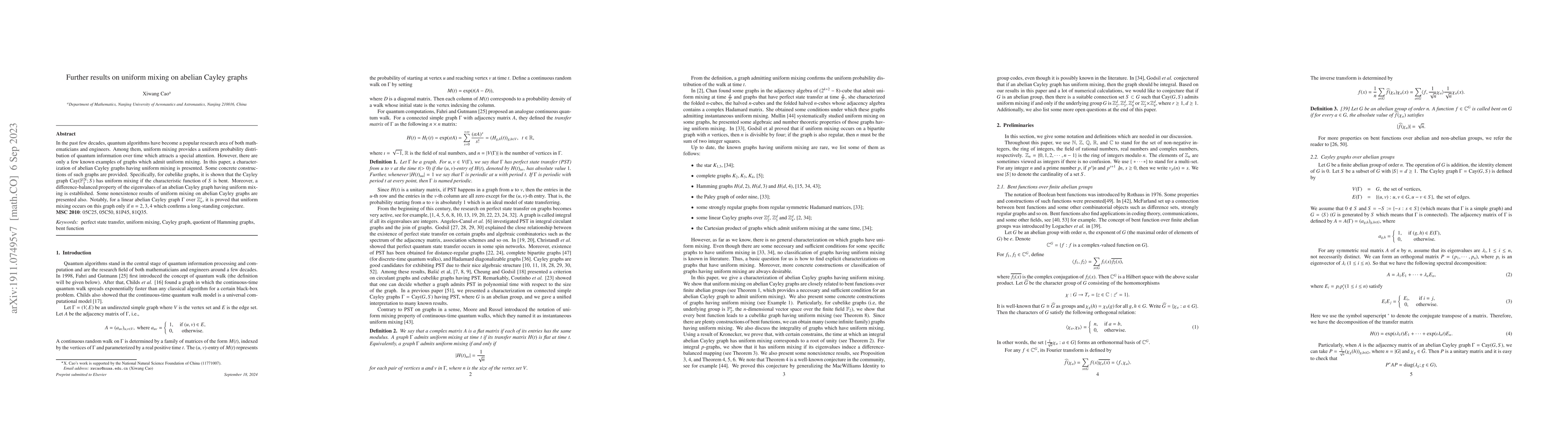 Thumbnail for Further results on uniform mixing on abelian Cayley graphs