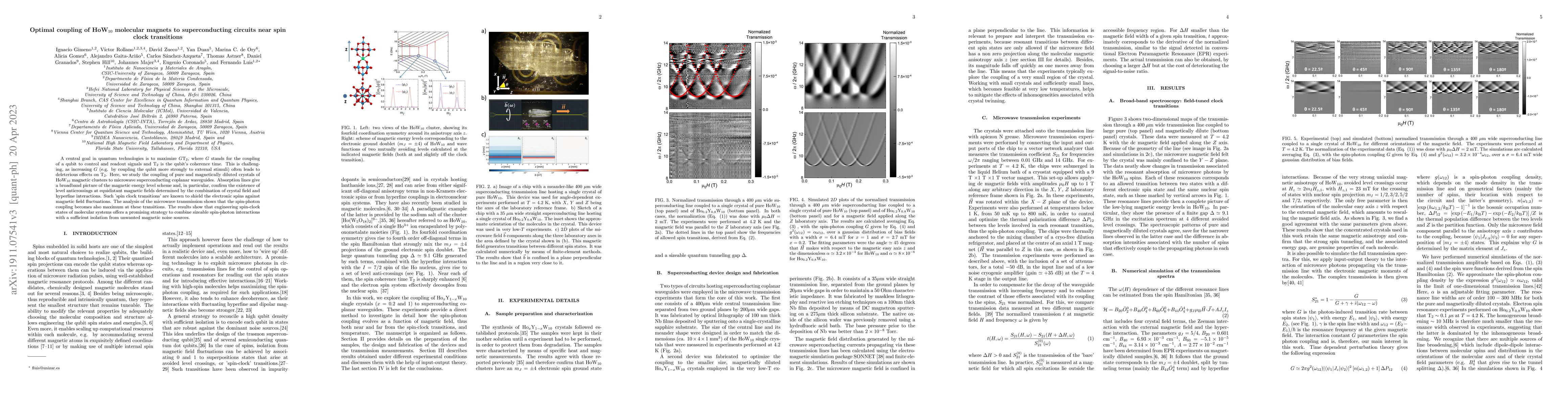 Thumbnail for Optimal coupling of HoW$_{10}$ molecular magnets to superconducting
  circuits near spin clock transitions
