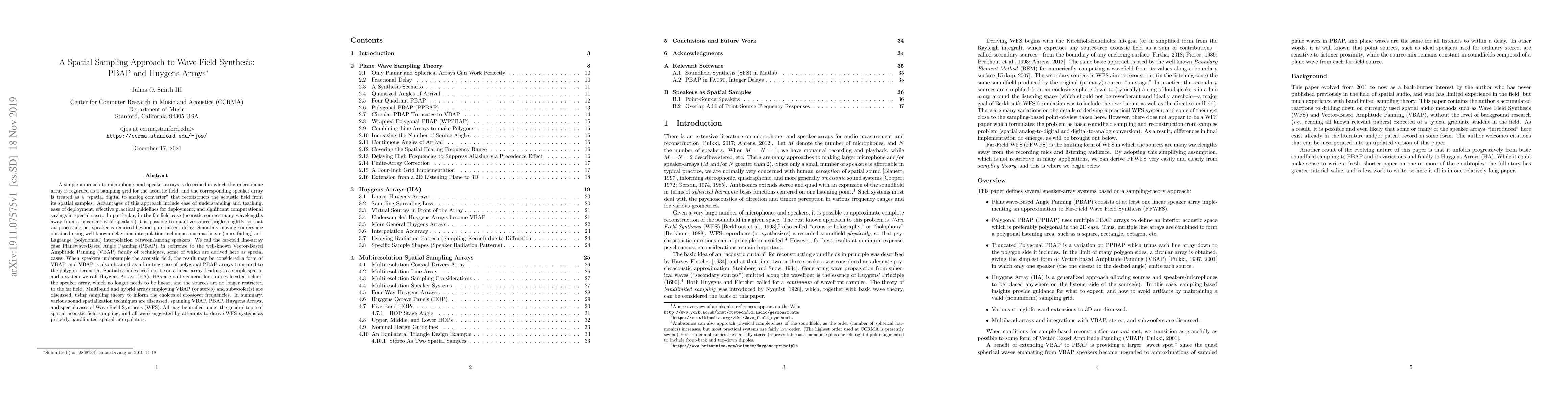 Thumbnail for A Spatial Sampling Approach to Wave Field Synthesis: PBAP and Huygens
  Arrays