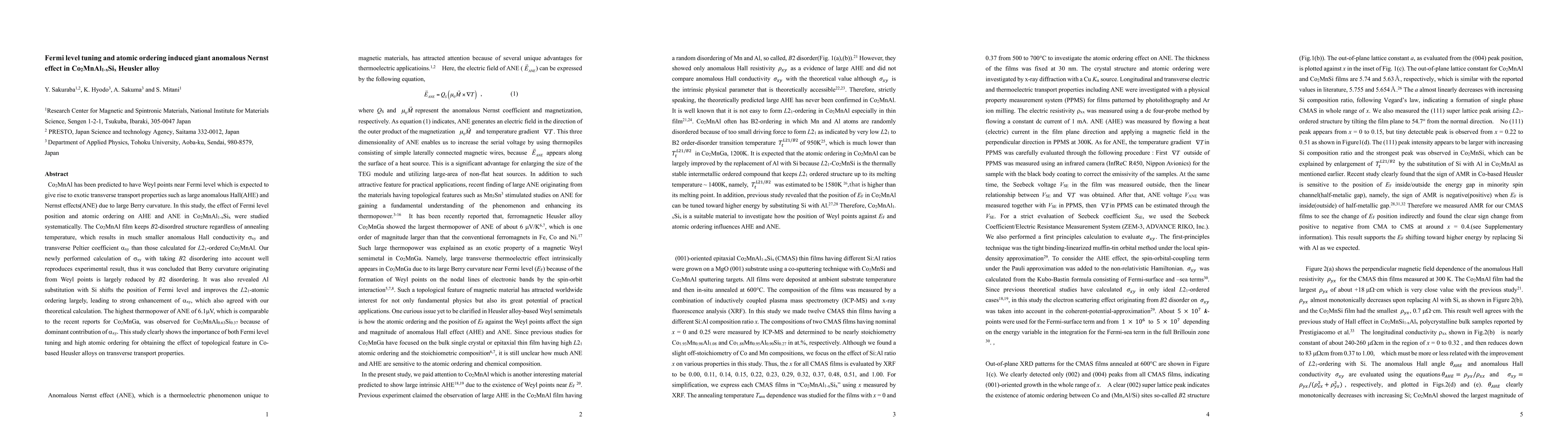 Thumbnail for Fermi level tuning and atomic ordering induced giant anomalous Nernst
  effect in Co2MnAl1-xSix Heusler alloy