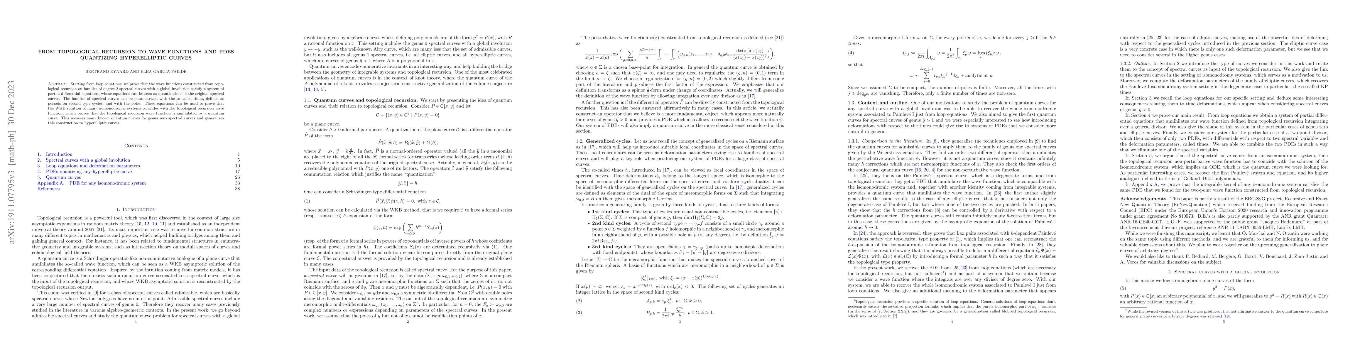 Thumbnail for From topological recursion to wave functions and PDEs quantizing
  hyperelliptic curves