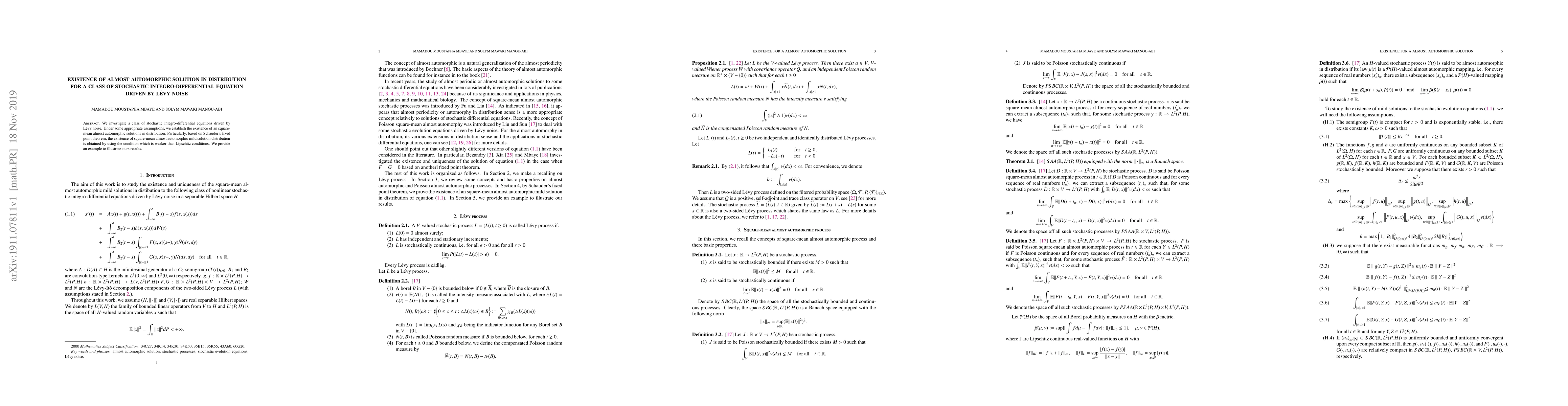 Thumbnail for Existence of almost automorphic solution in distribution for a class of
  stochastic integro-differential equation driven by Levy noise
