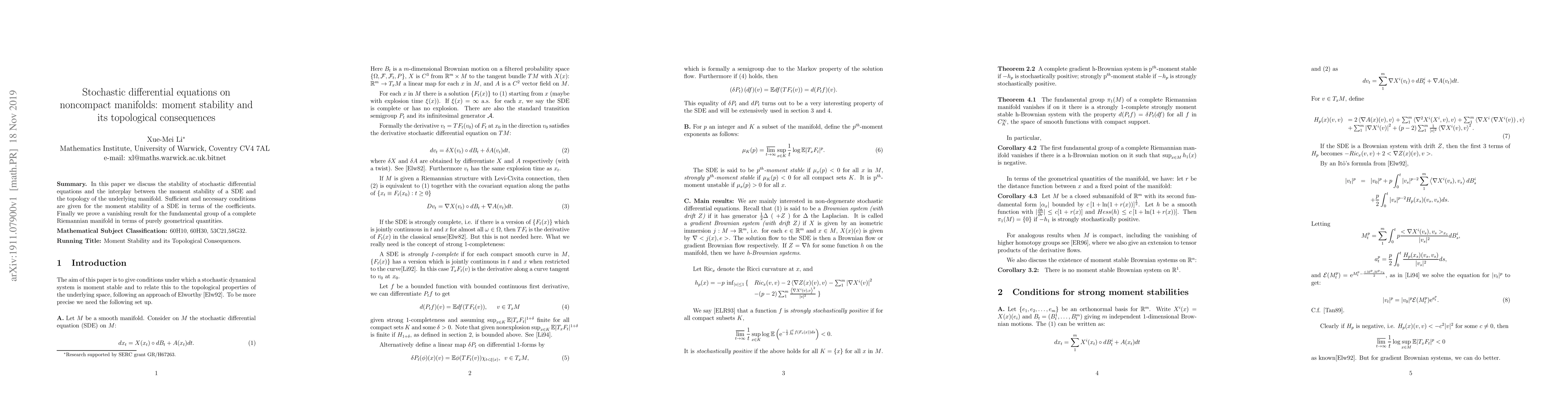 Thumbnail for Stochastic differential equations on noncompact manifolds: moment
  stability and its topological consequences