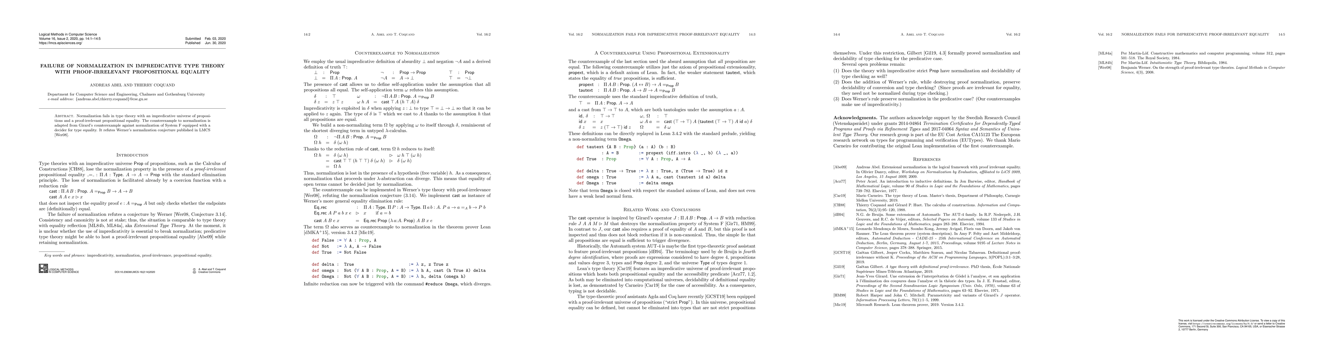 Thumbnail for Failure of Normalization in Impredicative Type Theory with
  Proof-Irrelevant Propositional Equality