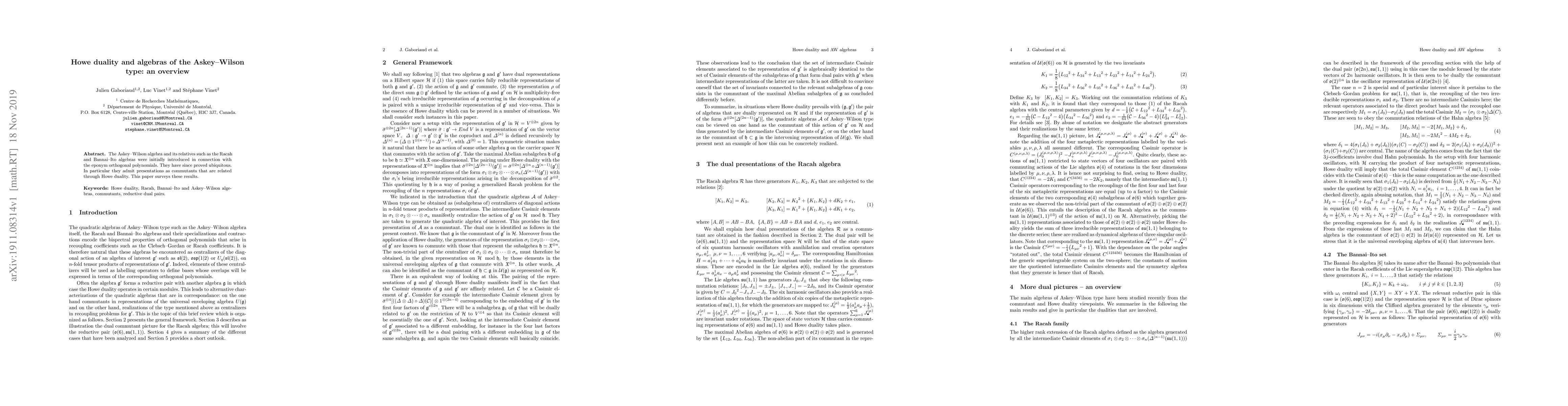 Thumbnail for Howe duality and algebras of the Askey-Wilson type: an overview