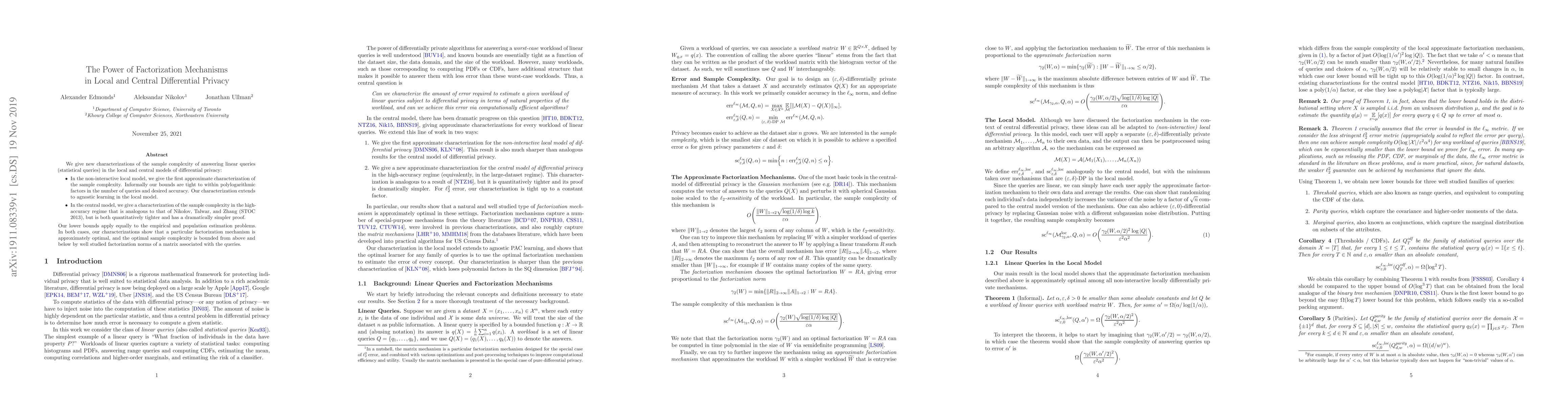 Thumbnail for The Power of Factorization Mechanisms in Local and Central Differential
  Privacy