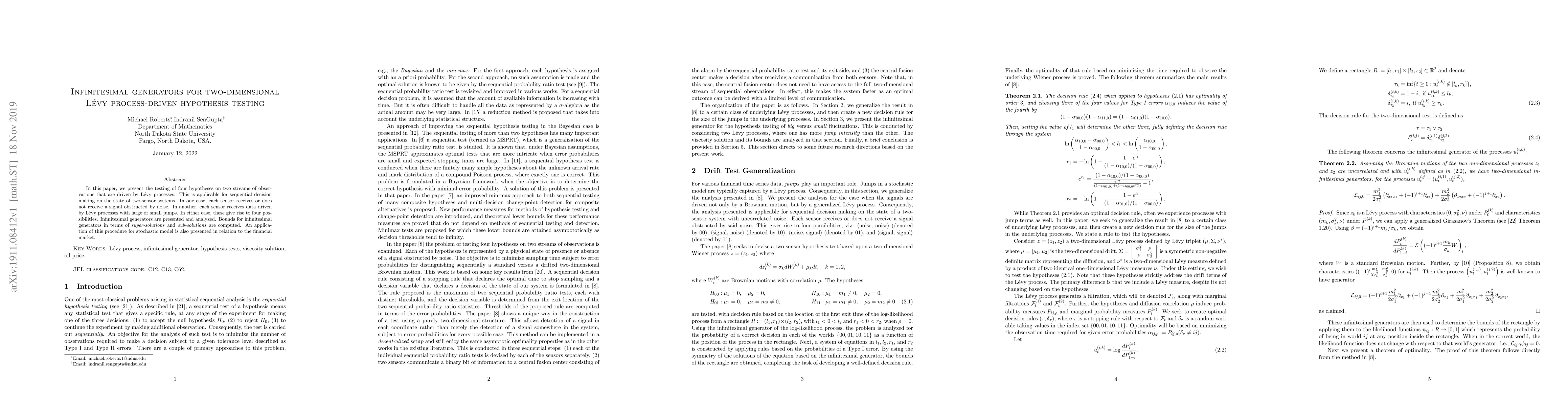 Thumbnail for Infinitesimal generators for two-dimensional L\'evy process-driven
  hypothesis testing