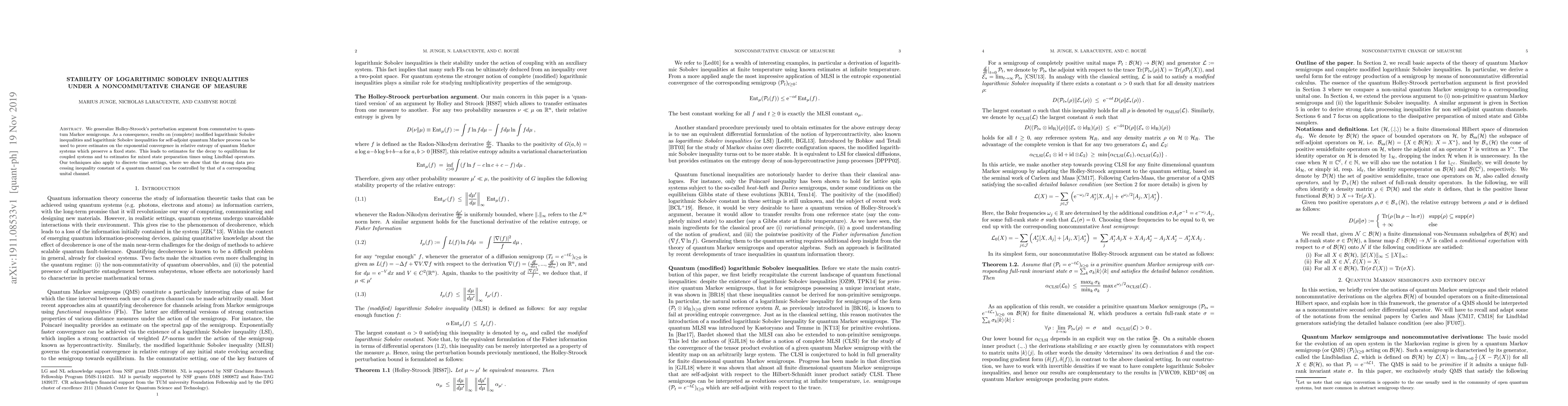 Thumbnail for Stability of logarithmic Sobolev inequalities under a noncommutative
  change of measure