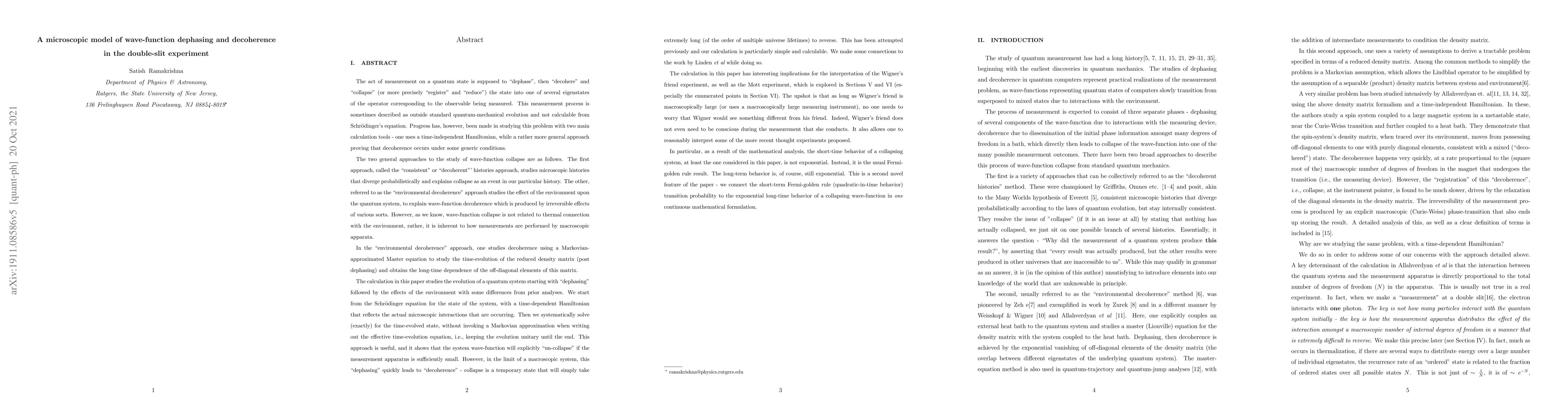 Thumbnail for A microscopic model of wave-function dephasing and decoherence in the
  double-slit experiment