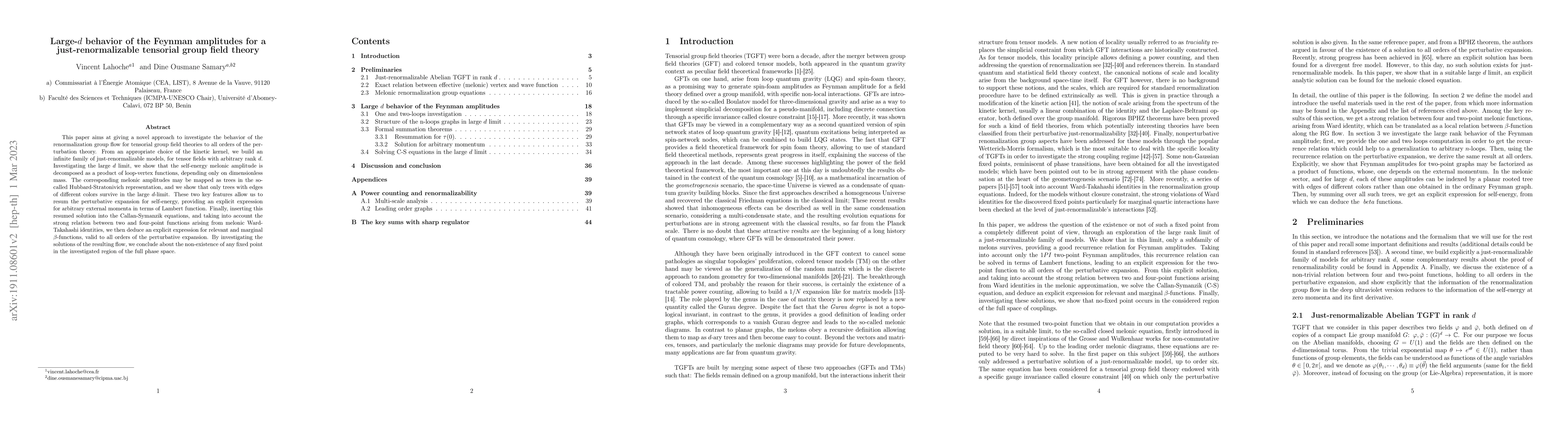 Thumbnail for Large-$d$ behavior of the Feynman amplitudes for a just-renormalizable
  tensorial group field theory