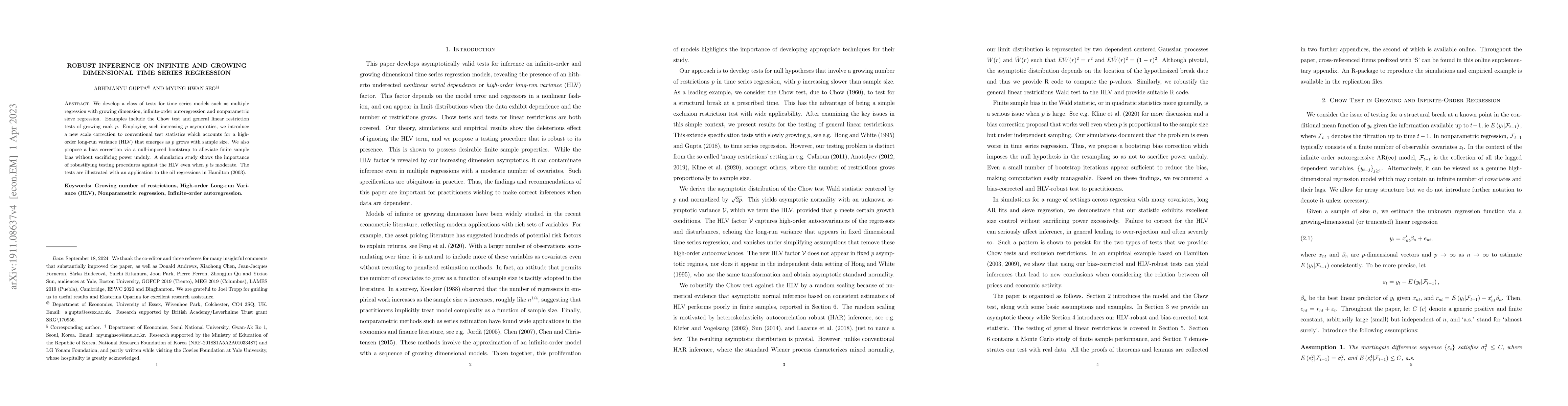 Thumbnail for Robust Inference on Infinite and Growing Dimensional Time Series
  Regression