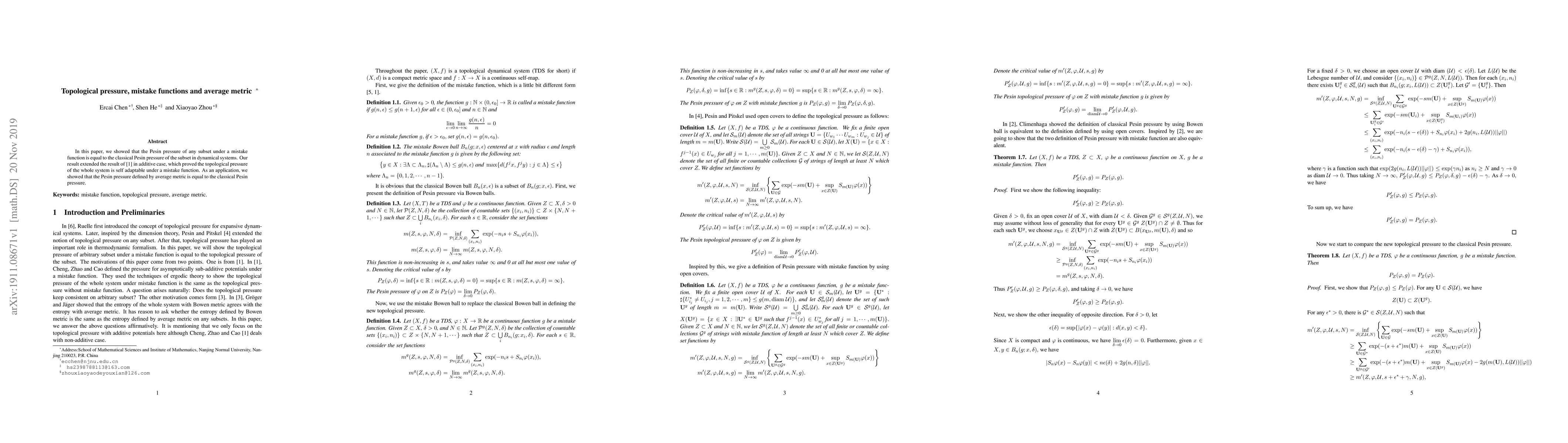 Thumbnail for Topological pressure, mistake functions and average metric