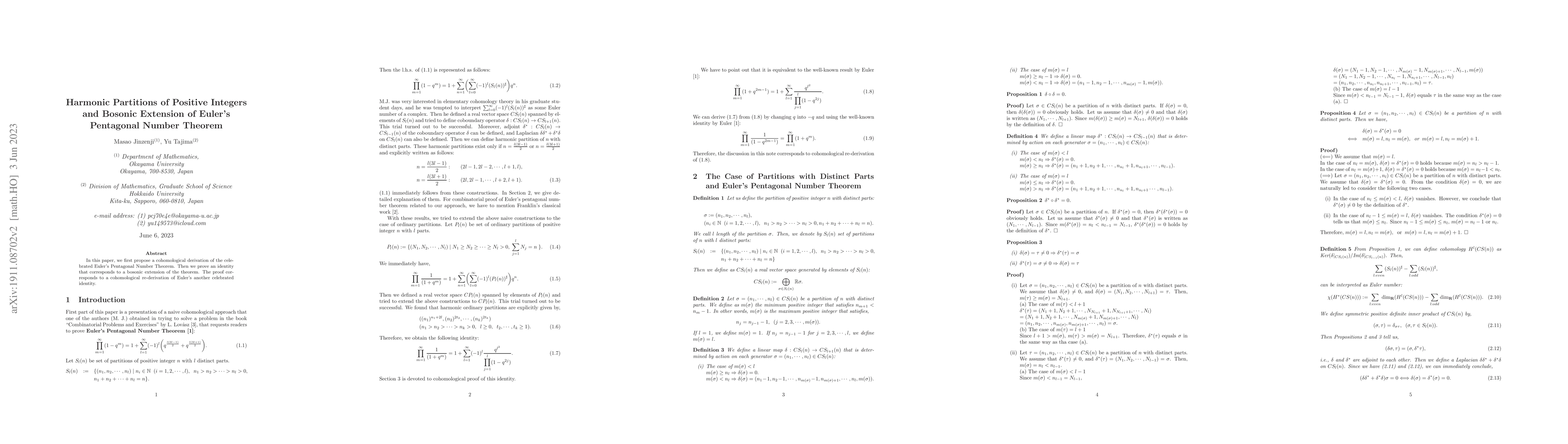 Thumbnail for Harmonic Partitions of Positive Integers and Bosonic Extension of
  Euler's Pentagonal Number Theorem