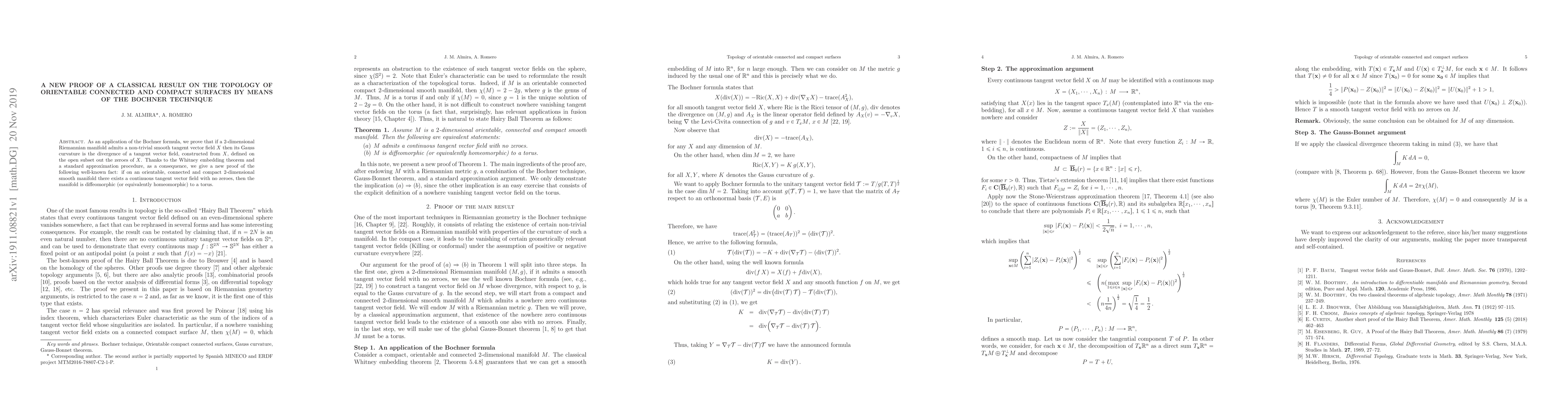 Thumbnail for A new proof of a classical result on the topology of orientable
  connected and compact surfaces by means of the Bochner technique