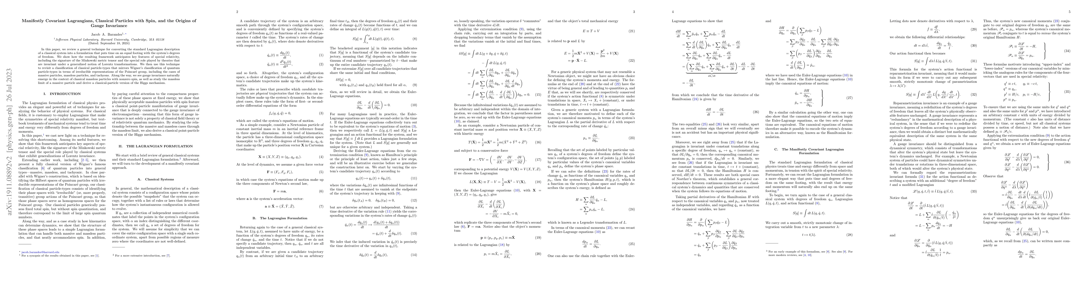 Thumbnail for Manifestly Covariant Lagrangians, Classical Particles with Spin, and the
  Origins of Gauge Invariance