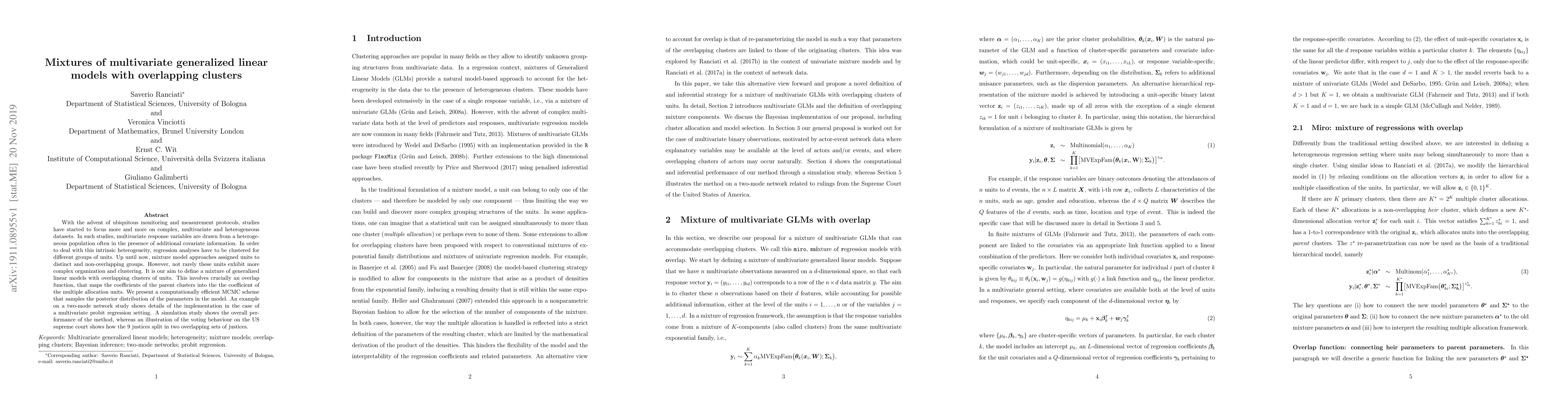 Thumbnail for Mixtures of multivariate generalized linear models with overlapping
  clusters